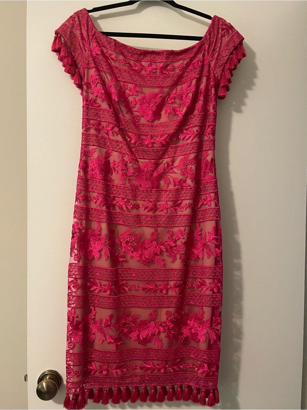 Tadashi Shoji Hot Pink Embroidered Asymmetrical Lace Dress
